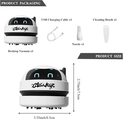Desktop Vacuum Cleaner, Robot Design USB Rechargeable Cordless Mini Vacuum with 3-Speed Adjustment, LED Display & Detachable Nozzle for Home, Office, Car, Keyboard and Desk Cleaning,White