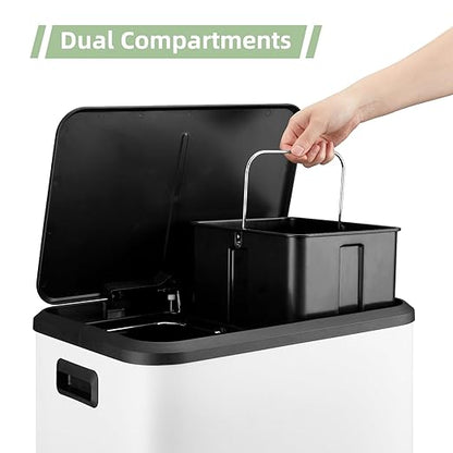 GAOMON Dual Bin Rectangular Trash Can, Stainless Steel Waste Bin with Lid, 30 Liters (2 X 15 L), Trash Can with Recycling Bin Combination, Soft Close and Airtight Lid - White