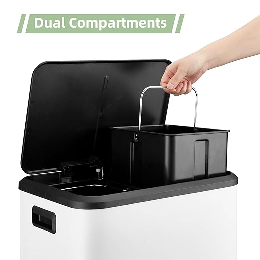 Kitchen Trash Can, 2x4 Gallon Rectangular Kitchen Waste Bin, Dual Separate Compartment Recycle Bin with Removable Plastic Inner Buckets, Soft Step-on with Lid
