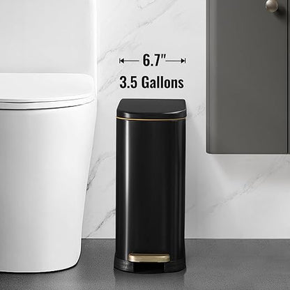 SYNCVIBE Bathroom Trash Can with Soft-Close Lid 3.5 Gallon Stainless Steel Garbage Can with Removable Inner Bucket Slim Trash Bins for Bedroom Office (Matte Black)