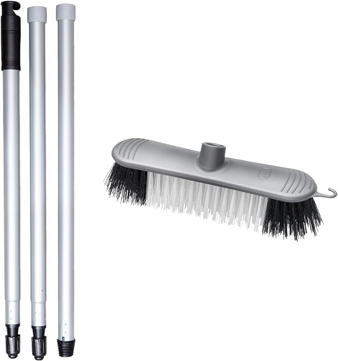 Addis Indoor Plastic Sweeping Broom with Soft Nylon bristles & 3pcs Easy Assemble Metal Handle, Metallic Grey