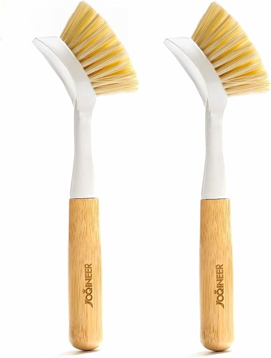 JOQINEER 2 Pack Kitchen Dish Brushes with Bamboo Handle, Dish Scrubber Built-in Scraper, Scrub Brush for Pans, Pots, Counter & Kitchen Sink Cleaning, Dishwashing and Cleaning Brush Tools