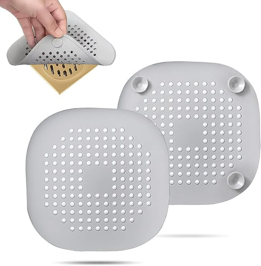 2 Pack Hair Drain Catcher,Square Drain Cover for Shower Silicone Hair Stopper with Suction Cup,Easy to Install Suit for Bathroom,Bathtub,Kitchen (Sliver Grey)