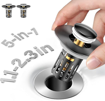 (2 Pc) Bathroom Sink Stopper-All Metal Sink Stopper-Universal Fit 99% Bathroom Stopper with Removable Stainless Steel Hair Catcher- Basin (1.1'' to 2.36'' inch) - Black