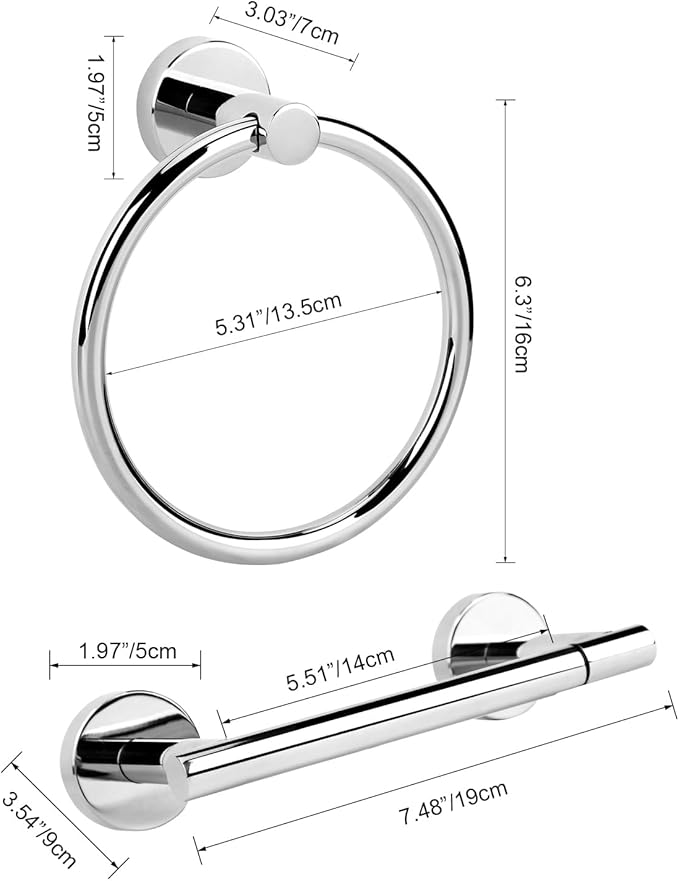 Polished Chrome Toilet Paper Holder Set, Stainless Steel Towel Ring, Double Post Pivoting Toilet Paper Holder and Hand Towel Holder Set for Bathroom, Bathroom Hardware Accessories Set Silver