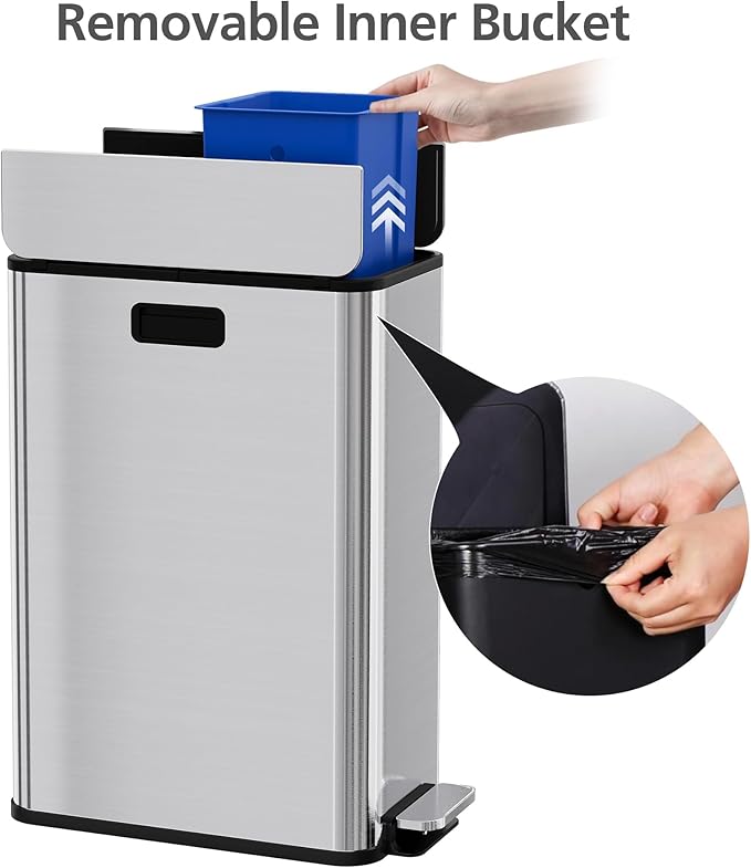 GarveeHome 14.8 gal Dual Compartment Step Trash Can, Stainless Steel Kitchen Bin with Butterfly Lid & Foot Pedal, 2x7.4 gal Removable Buckets for Easy Waste and Recycling, Silver