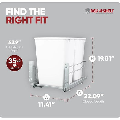 Rev-A-Shelf Double Pullout Trash Cans for Under Kitchen Cabinets 35 Quart 8.75 Gallon with Soft-Close Slides, 14.5" Min Opening, 53WC-1835SCDM-211
