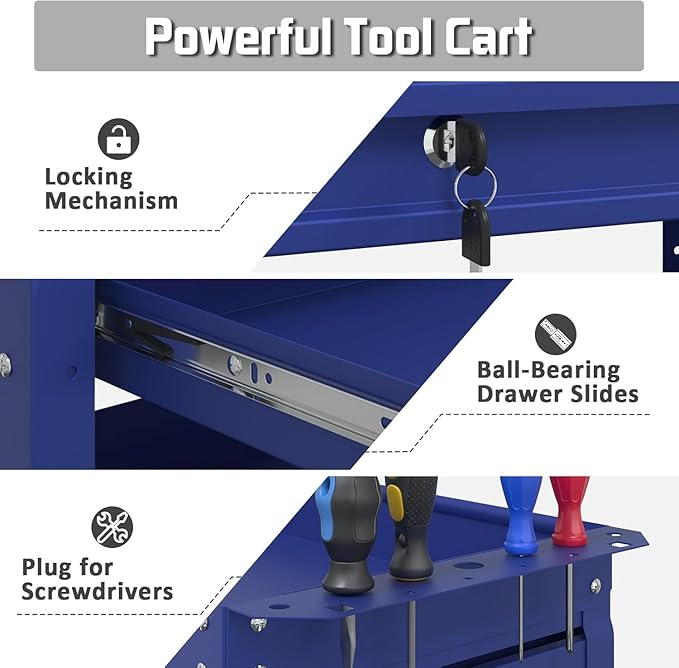 3 Tray Rolling Tool Cart with Drawers, 400 LBS Capacity Mechanic Tool Cart on Wheels, Heavy Duty Utility Cart with Pegboard, Metal Work Cart for Garage and Repair Shop, Blue