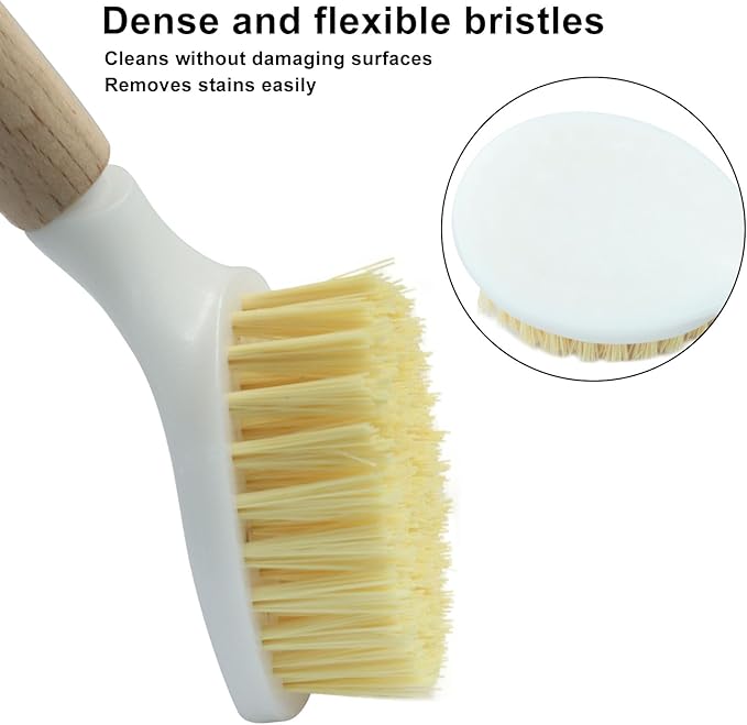 Jiozermi 3 Pcs Kitchen Dish Brush with Bamboo Handle, Dish Scrubber Brush Built-in Scraper, Pot Scrubbers for Cleaning, Dishwashing, Dishes, Pans, Kitchen Sink and Counter