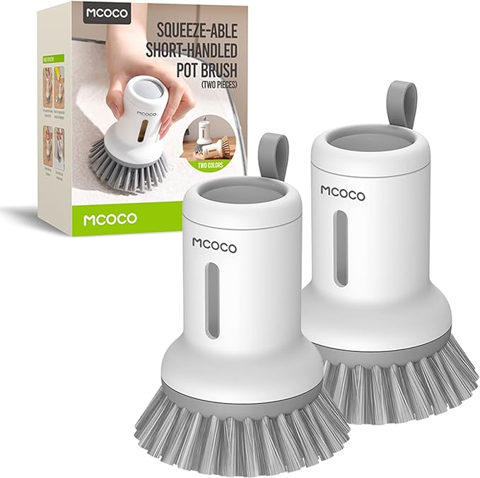 Soap Dispensing Palm Brush Scrub Brush with Soap Dispenser Palm Dish Brush Soap Dispenser Brush Dish Scrub Brush for Kitchen Cleaning, Pan, Pot, Sink 2 Pack White