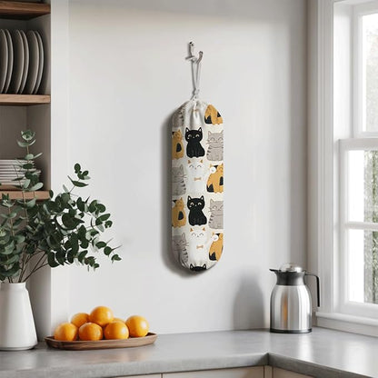 Cat Plastic Bag Holder, Reusable Shopping Bags Storage Dispenser, Lovely Cats Fabric Garbage Trash Bag Dispenser for Home Kitchen Pantry Cabinet, Wall Mount, Kitchen Housewarming Gifts