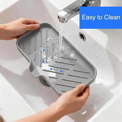 Large Sponge Holder for Kitchen, Silicone Tray with Drain Spout for Dispenser, Scrubber, Bottle, Soap Holder for Shower Bathroom (Grey, 9.8" x 4.9")