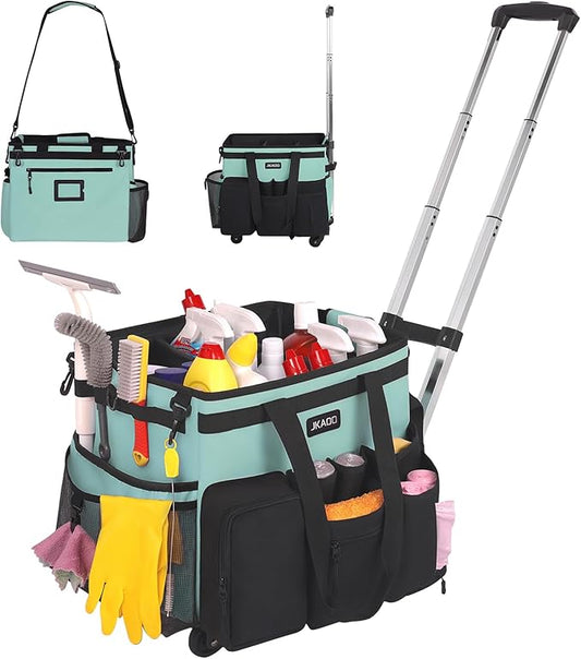 JKAOO Large Rolling Cleaning Caddy Bag with Detachable Trolley, Waterproof Cleaning Caddy on Wheels for Housekeepers, Cleaning Cart Supplies Organizer for Home,Car,Office,Picnic (Blue-Green) (Patent)