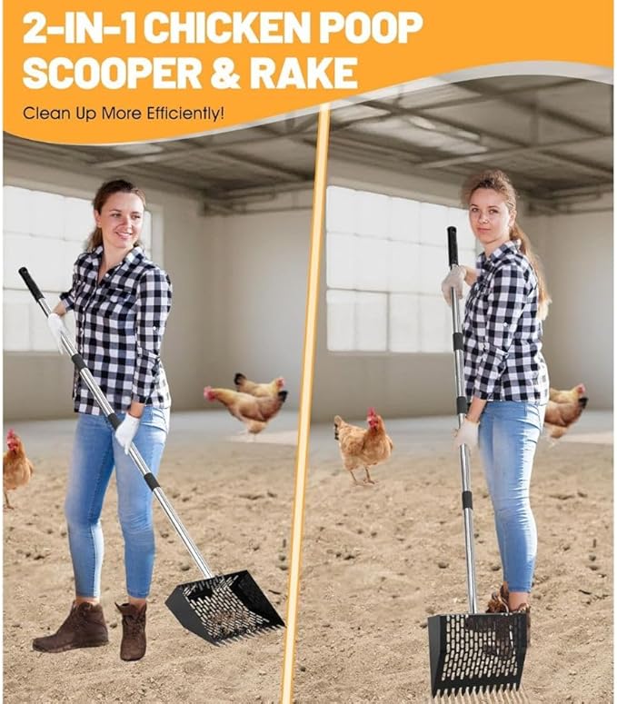 2-in-1 Chicken Poop Scooper for Coop Cleaning – Chicken Coop Scoop & Rake for Sand, Includes Gloves and Waste Bag – Ideal for Chicken Coops & Small Farm Animals (Black)