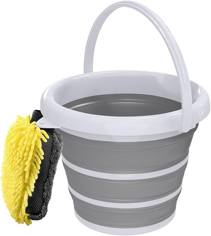 Collapsible Wash Bucket with Microfiber Mitt, 10L (2.6 Gallon) Portable Collapsiblle Buckett with Handle for Car Wash Household Cleaning, Multiuse Collapsibles Water Bucket and Car wash mitt - Grey