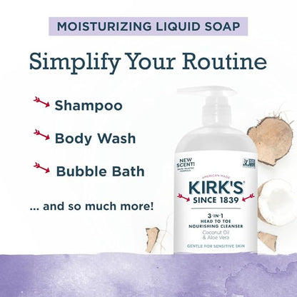 Kirk's 3-in-1 Head to Toe Nourishing Liquid Cleanser- for Men, Women & Children - Premium Coconut Oil & Aloe Vera- Non GMO & Vegan - Lavender and Vanilla - 32 Fl Oz. - 2 Pack
