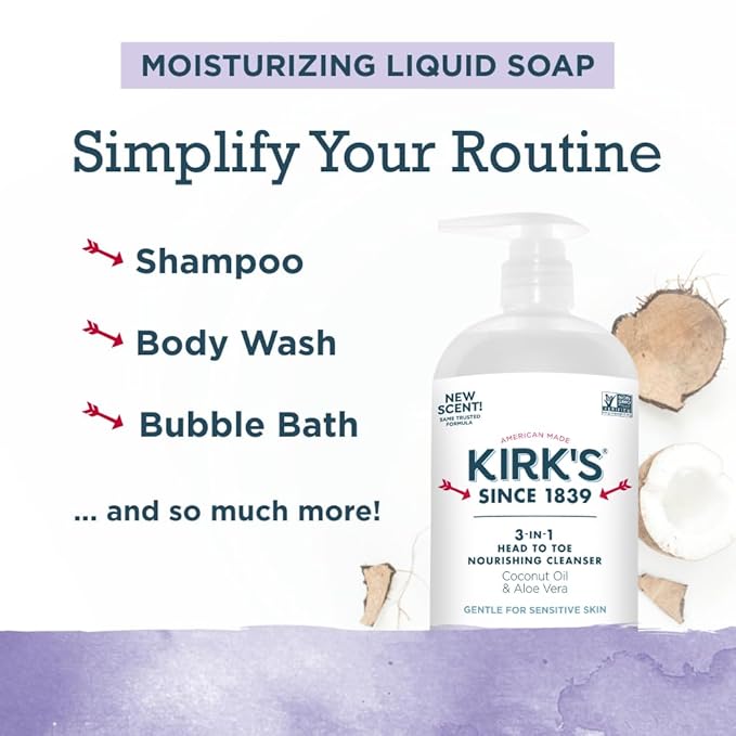Kirk's Lavender & Vanilla 3-in-1 Nourishing Cleanser, Shampoo Body Wash Bubble Bath, Coconut Oil and Aloe Vera, Vegan Non-GMO, 32 Fl Oz