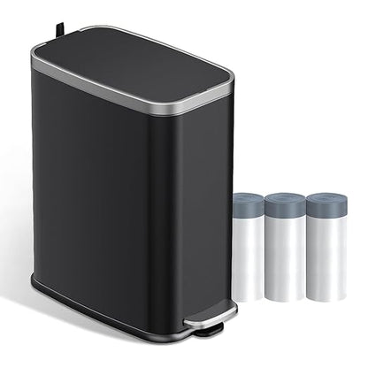 KdbK Stainless Steel Bathroom Trash Can with Lid Soft Close,1.6 Gallon Slim Garbage can,Small Metal Step Wastebasket for Office, Bedroom, Toilet, Black