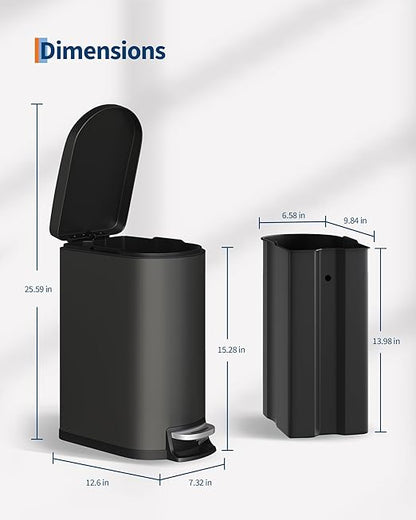 GarveeHome 2.6 Gallon Bathroom Trash Can, Space-Saving Slim Stainless Steel Step-On Garbage Bin with Soft Close Lid, Removable Inner Bucket for Bathroom & Bedroom, Black