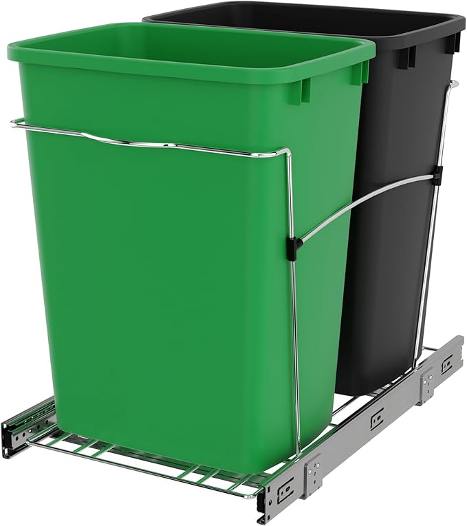 Rev-A-Shelf Double 35 Qt Pullout Trash Can for Base Kitchen Cabinets, Garbage Waste & Recycling Bin System with Full Extension Slides, Min Opening Width of 14.5", Green/Black, RV-18KD-1918C-S