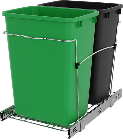 Rev-A-Shelf Double 35 Qt Pullout Trash Can for Base Kitchen Cabinets, Garbage Waste & Recycling Bin System with Full Extension Slides, Min Opening Width of 14.5", Green/Black, RV-18KD-1918C-S