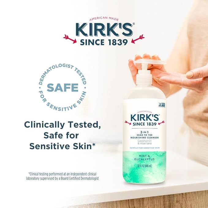 Kirk's Mint and Eucalyptus 3-in-1 Nourishing Cleanser, Shampoo Body Wash Bubble Bath, Coconut Oil and Aloe Vera, Vegan Non-GMO, 32 Fl Oz