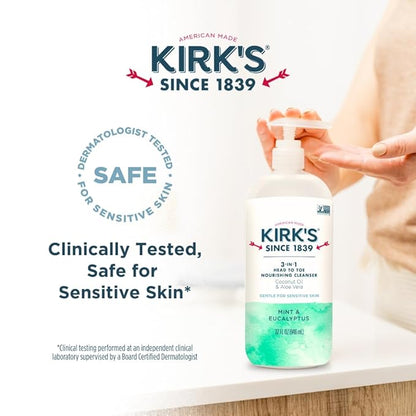 Kirk's Mint and Eucalyptus 3-in-1 Nourishing Cleanser, Shampoo Body Wash Bubble Bath, Coconut Oil and Aloe Vera, Vegan Non-GMO, 32 Fl Oz