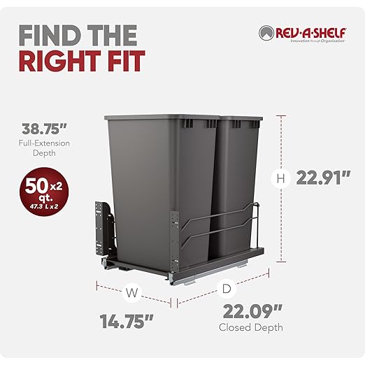 Rev-A-Shelf Double Pullout Trash Cans for Full Height Kitchen Cabinets 50 Quart 12.5 Gallon with Soft-Close Slides, 14.5" Min Opening, 53WC-2150SCDM-213