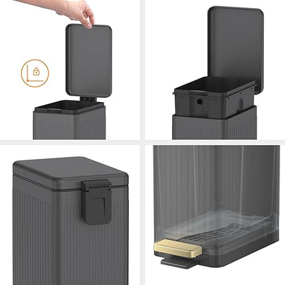 Mbillion Bathroom Trash Can with Lid-Stainless Steel Step Slim Garbage Can-Metal Wastebasket-10L/2.6 Gallon Rectangle Pedal Trash Bin for Narrow Office, Kitchen, Bedroom, Toilet-Soft Close, Grey