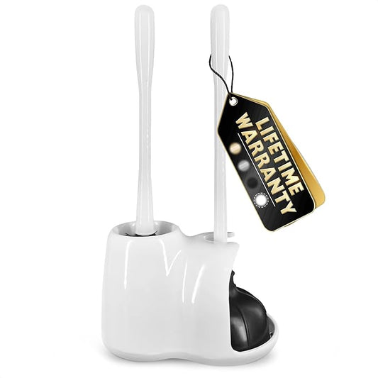 2 in 1 Toilet Plunger and Brush Set White - Toilet Brush and Plunger Set White with Stiff Bristles, Strong Vacuum Suction and Holder - Space-Saving Stand, Fits Most Standard Toilets, 9.3×6.3×15.2 inch