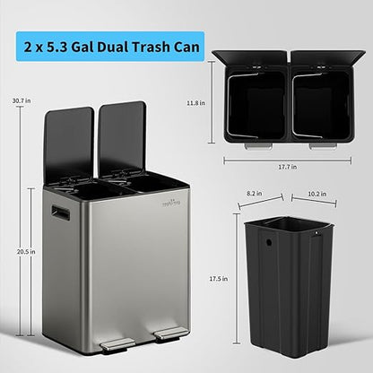 mVm Kitchen Trash Can, 10.6(2x5.3) Gal Dual Trash Can with ABS Lids, 2 Compartment Stainless Steel Recycle Bin for Home Kitchen Office (Gray)