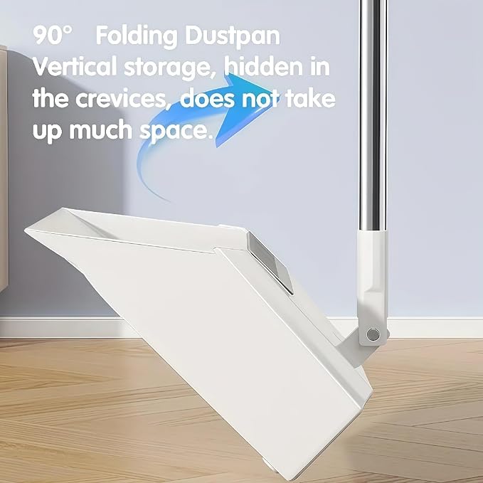 Broom and Dustpan Set, Long Handle Standing Broom with Self-Cleaning Comb Teeth, Heavy Duty Broom Dustpan Combo for Home Kitchen Office Floor Pet Hair Cleaning (White)