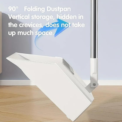 Broom and Dustpan Set, Long Handle Standing Broom with Self-Cleaning Comb Teeth, Heavy Duty Broom Dustpan Combo for Home Kitchen Office Floor Pet Hair Cleaning (White)