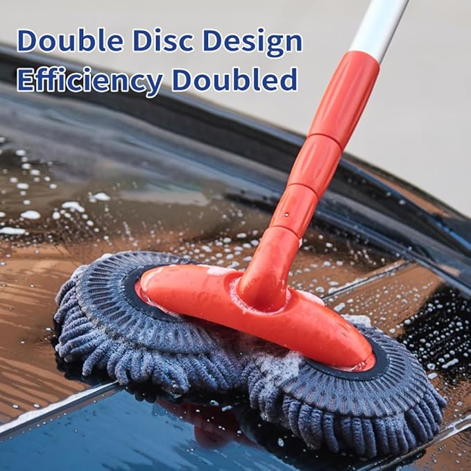 Shkalacar Microfiber Car Wash Brush Mop Kit, Rotatable Dual Head Telescopic Chenille Cleaning Mop, with Extension Pole Car Wash Brush Telescoping Cleaning Tool Duster Washing Car Tools Accessories