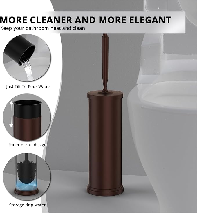 Premium 304 Stainless Steel Toilet Brush and Holder: Weighted Stable Base, Removable Inner Tube, Splash-Proof Design for 360° Thorough Cleaning & Space-Saving Storage,Bronze