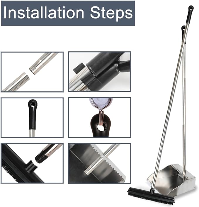Rubber Broom and Dustpan Set,Pet Hair Removal Rubber Broom with Squeegee and Stainless Steel Dust Pan,Carpet Rake Push Broom and Dustpan for Fluff Hardwood Floor Tile (Black)