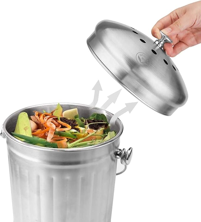 NewlineNY Stainless Steel Indoor Compost Bin for Kitchen Countertop, 1.3 Gallon Recycling Pail Bucket with 2 Charcoal Filters