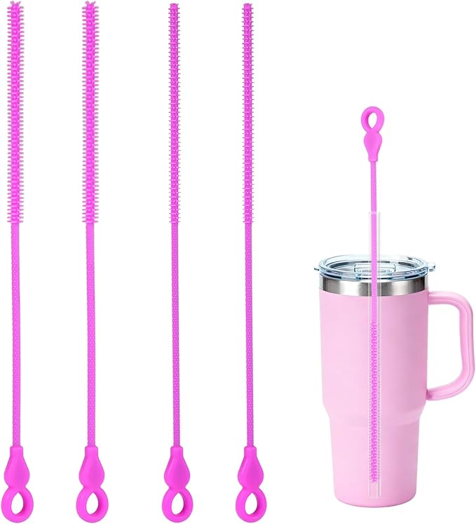 Silicone Straw Cleaner Brush, 4Pcs Reusable Straw Brush Set with Extra-Long Design for Cleaning Thin Metal Straws and Wider Milkshake Straws （6mm+9mm Purple)