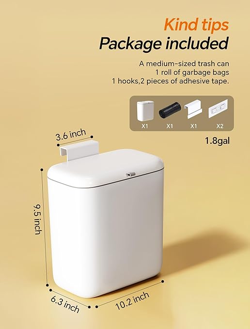 Wall Mounted Kitchen Compost Bin with Lid, Hanging Trash Can for Cabinet Door, White Plastic Food Scrap Bin for Kitchen Counter and Under Sink, 1.8 Gal