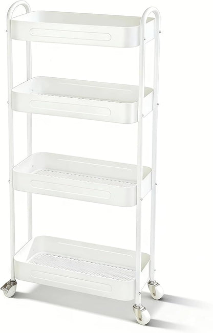 4 Tier Slim Kitchen Storage Cart for Narrow Space, 7.1'' Wide Metal Rolling cart with Wheels and Lockable Casters, Sturdy Mobile Thin Shelf for Laundry Room Between Washer and Dryer, White