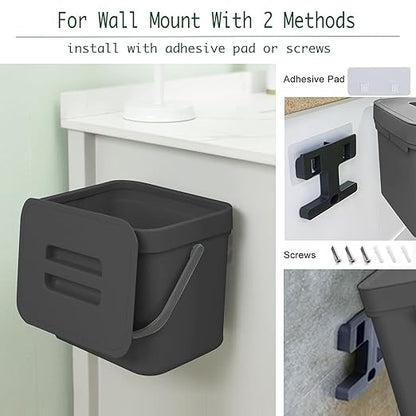 Kitchen Trash Can with Lid, LALASTAR Wall-Mounted Under Sink Small Garbage Can for Kitchen, Bathroom, Compost Bin Countertop, Cabinet Trash Can Hanging, 1.8 Gallon, (Black, 7L)