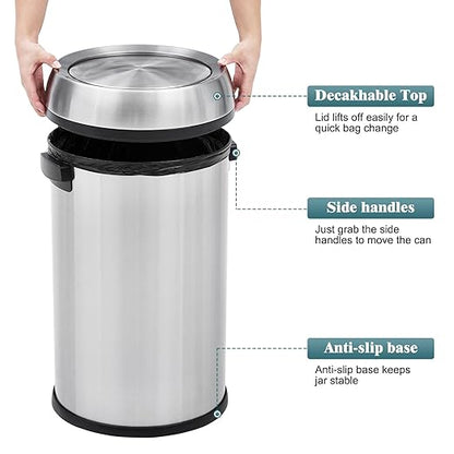 Garvee 65 L/17 gal Swing Top Trash Can, Fingerprint-Proof Stainless Steel Garbage Can, Heavy Duty Commercial Round Trash Bin with Swing Lid for Kitchen, Outdoor, Home, Office, Silver