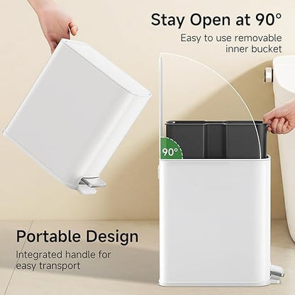 TIPGO Small Bathroom Trash Can with Lid Soft Close, Step Pedal, 1.3 Gallon / 5 Liter Stainless Steel Slim Garbage Can for Office, Diaper Waste Basket with Removable Inner Bucket (White)