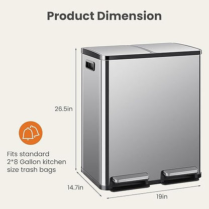 2×8 Gallon Kitchen Trash Can with Lid - Large Stainless Steel Garbage Can with Soft-Close Foot Pedal and Removable & Compartment PlasticInner Bucke, Trash Bin for Home, Bedroom, Office