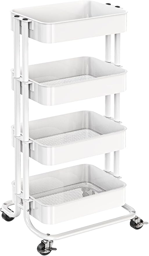 Pipishell 4 Tier Metal Rolling Utility Cart, Heavy-Duty Storage Rolling Cart with 2 Lockable Wheels, Multifunctional Mesh Organization Utility Cart for Kitchen Dining Room Living Room, PIUC13W