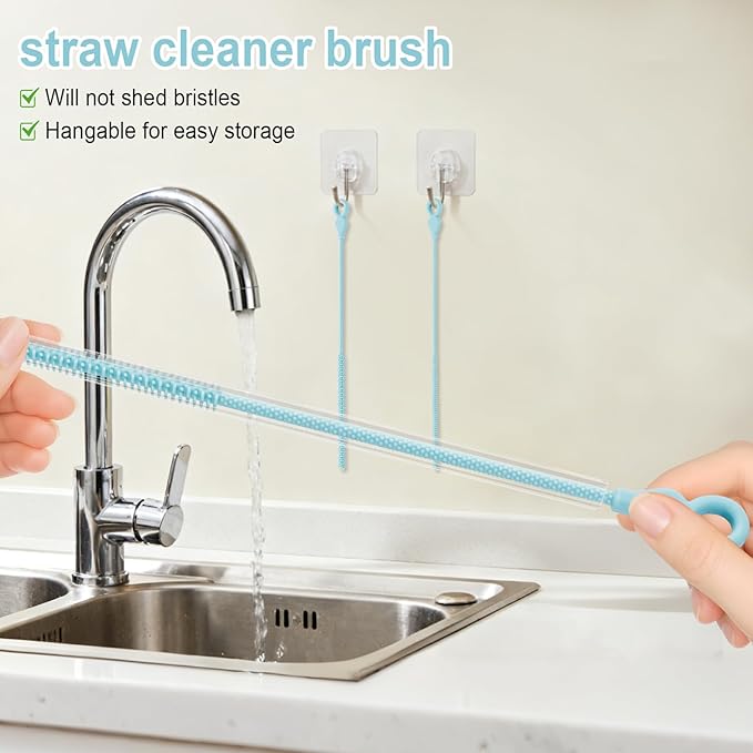 Silicone Straw Cleaner Brush, 4Pcs Reusable Straw Brush Set with Extra-Long Design for Cleaning Thin Metal Straws and Wider Milkshake Straws （6mm+9mm Blue)