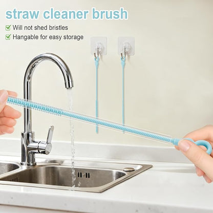 Silicone Straw Cleaner Brush, 4Pcs Reusable Straw Brush Set with Extra-Long Design for Cleaning Thin Metal Straws and Wider Milkshake Straws （6mm+9mm Blue)