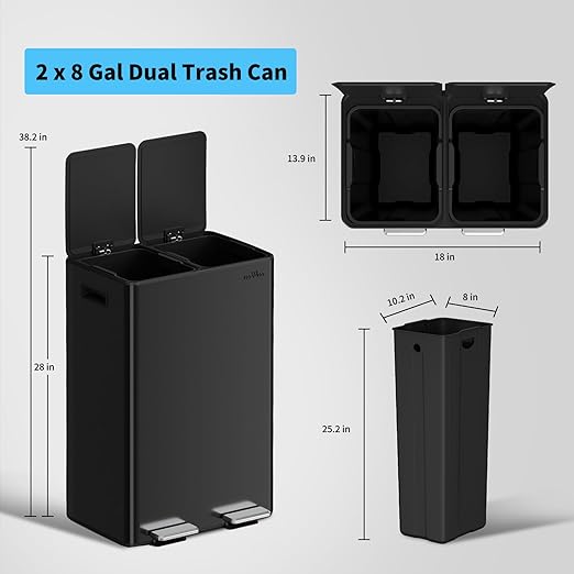 mVm 16(2x8) Gal Dual Trash Can, Large Step Trash Can with Thick Lids, Recycling Garbage Bin for Kitchen Home Office (Black)