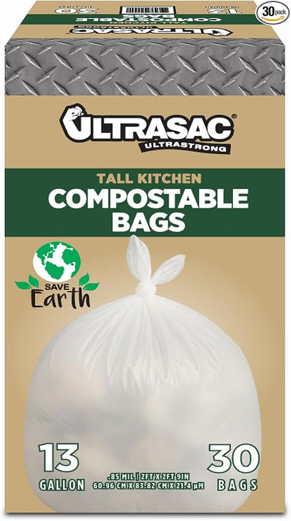 Ultrasac 13 Gallon 0.85 MIL Clear Compostable Trash Bags - 24" x 33" - Pack of 30