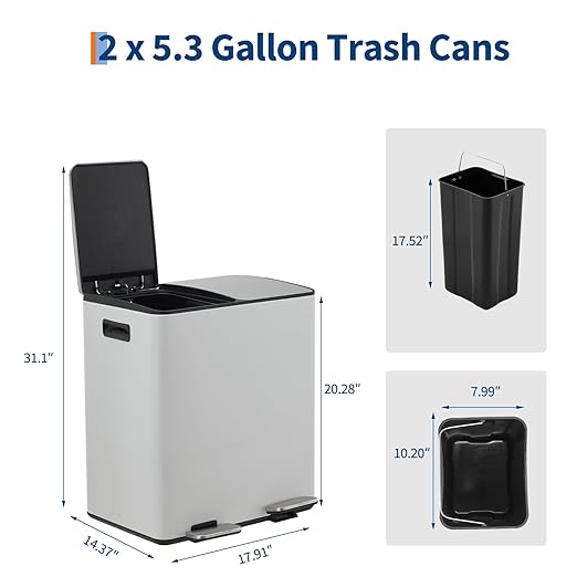 Garvee Dual Compartment Trash Can, 2 x 5.3 Gal (2 x 20L) Stainless Steel Recycling Bin with Foldable Foot Pedal & Soft-Close Lid, Kitchen Garbage & Recycle Combo - White